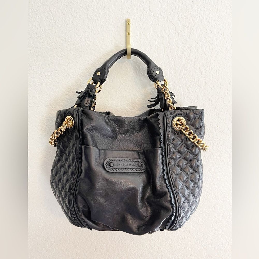 Juicy Couture Y2K black Leather Trim large shoulder purse Tote with dust bag - Picture 10 of 14